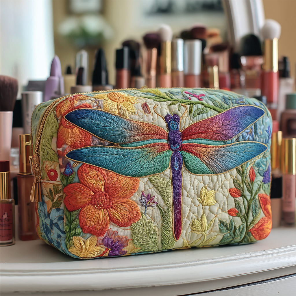 Quilted Makeup Bag with Golden Dragonfly