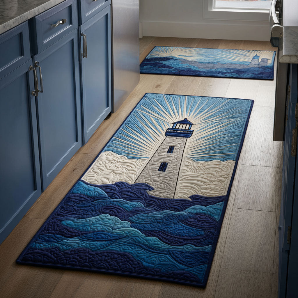 Non-Slip Kitchen Rug with Golden Lighthouse by the Sea