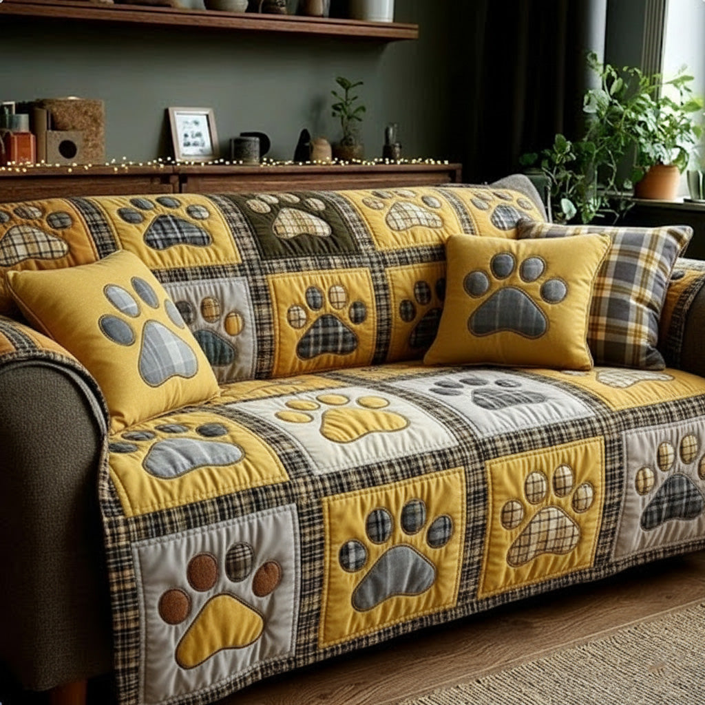 Quilted Sofa Cover with Paw Prints