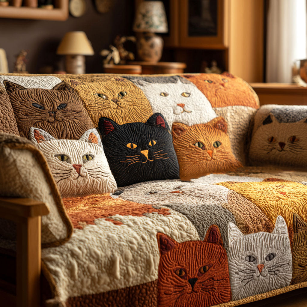 Quilted Sofa Cover with Golden Cat
