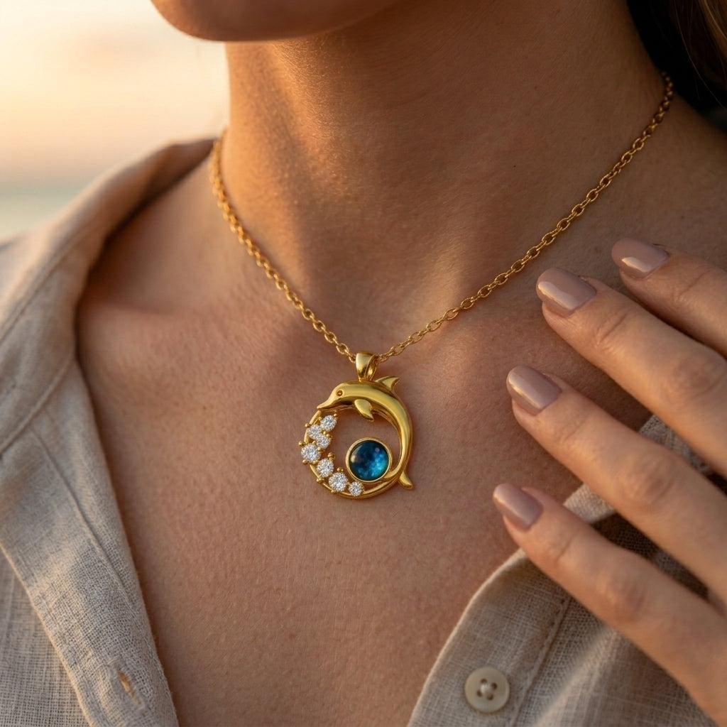 Gold Necklace with Dolphin and Crystal