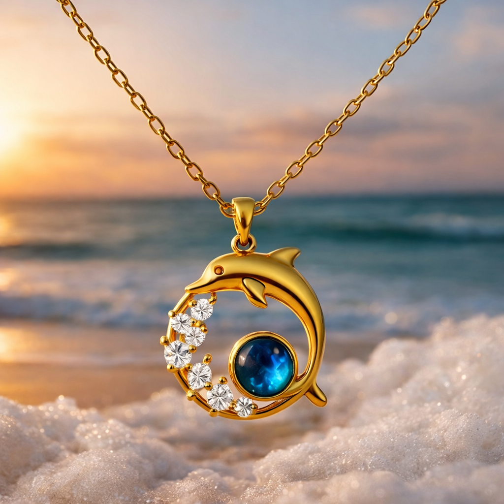 Gold Necklace with Dolphin and Crystal