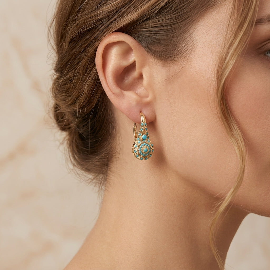 Gold Stud Earrings with Several Elements with Turquoise
