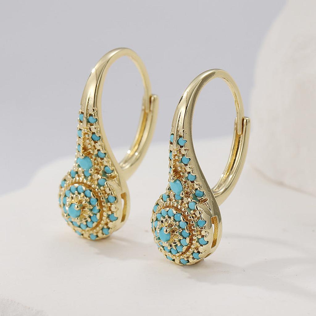 Gold Stud Earrings with Several Elements with Turquoise