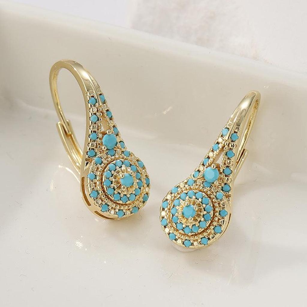 Gold Stud Earrings with Several Elements with Turquoise