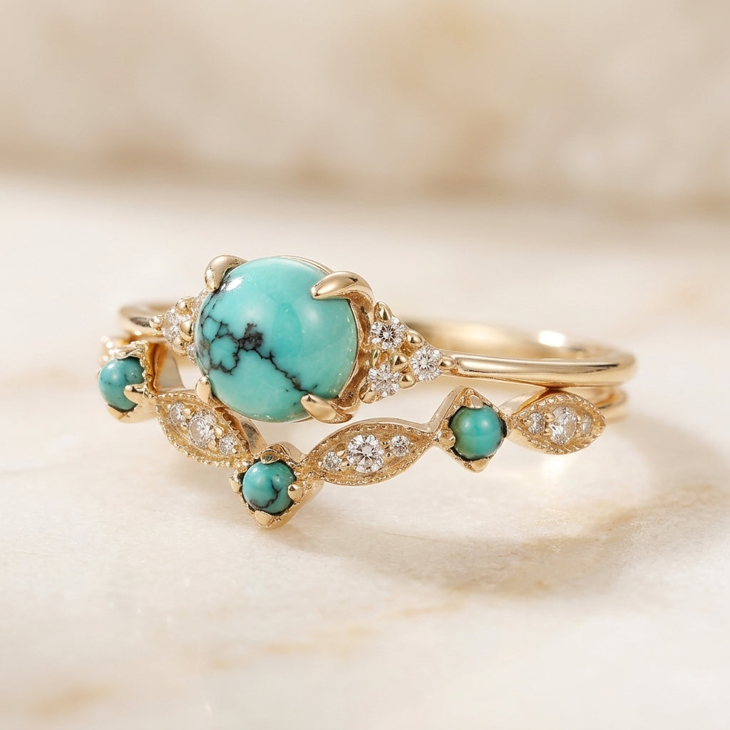 Gold Crown Ring Set with Turquoise