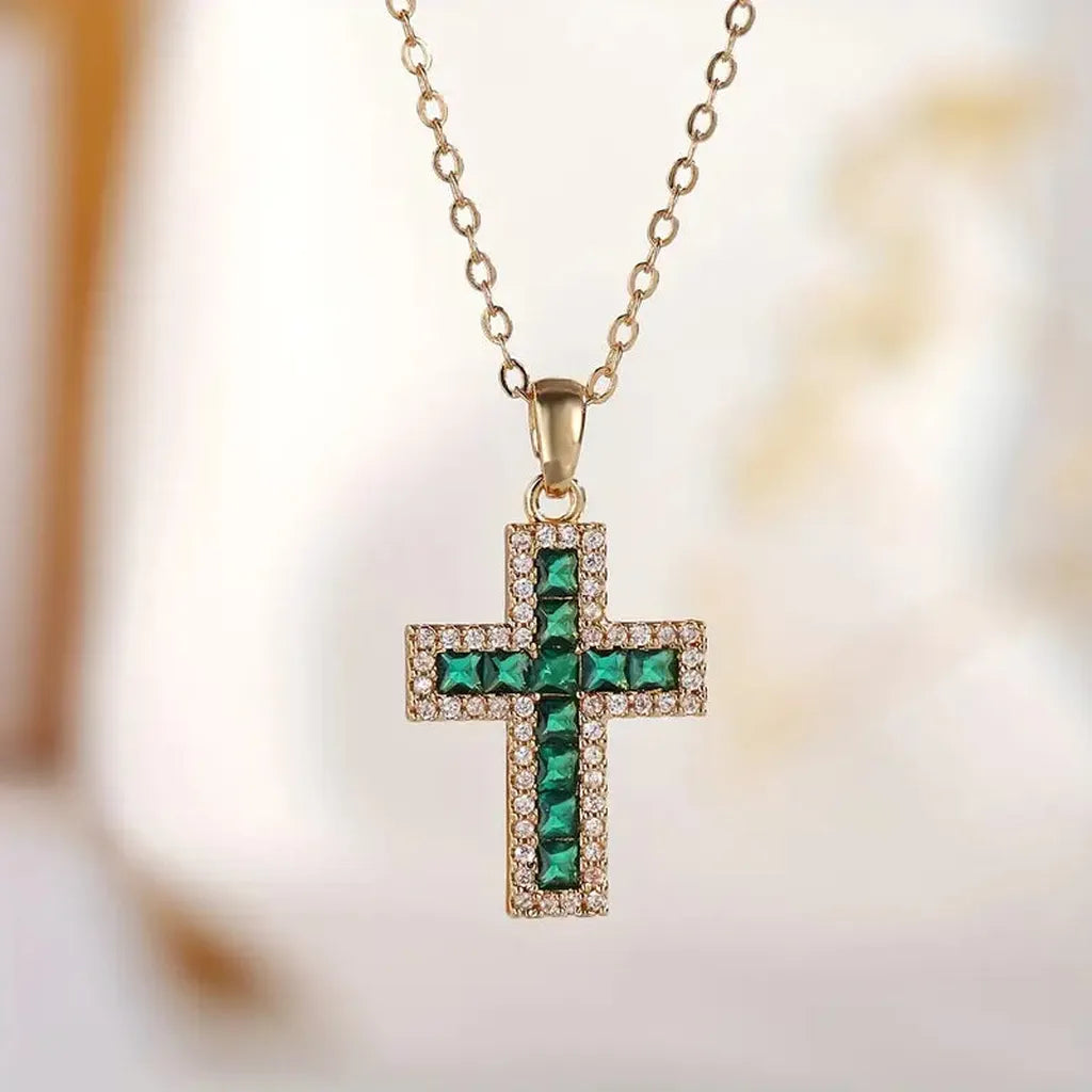 Gold Necklace with Emerald Green Cross