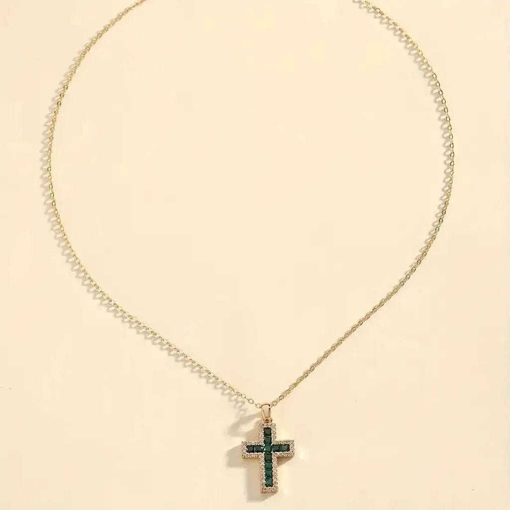 Gold Necklace with Emerald Green Cross