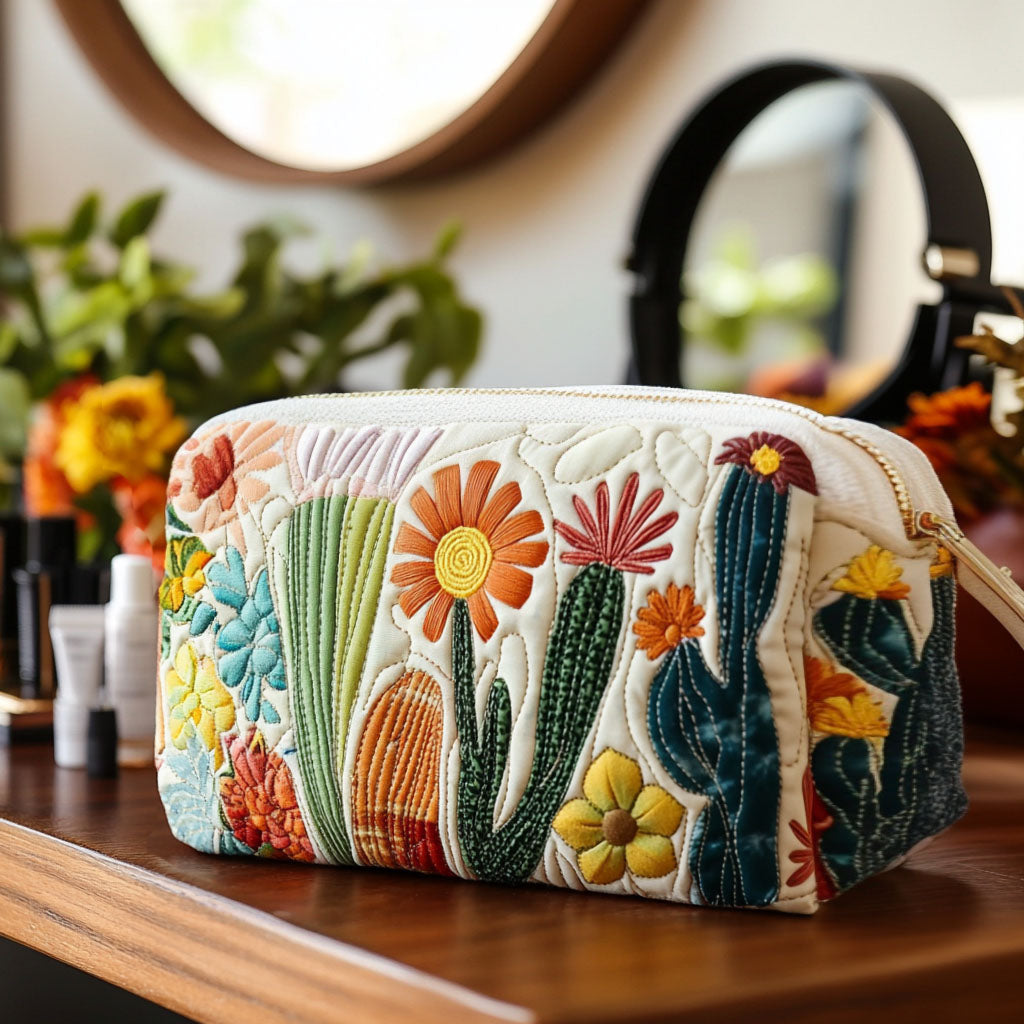 Quilted Makeup Bag with Green Cactus