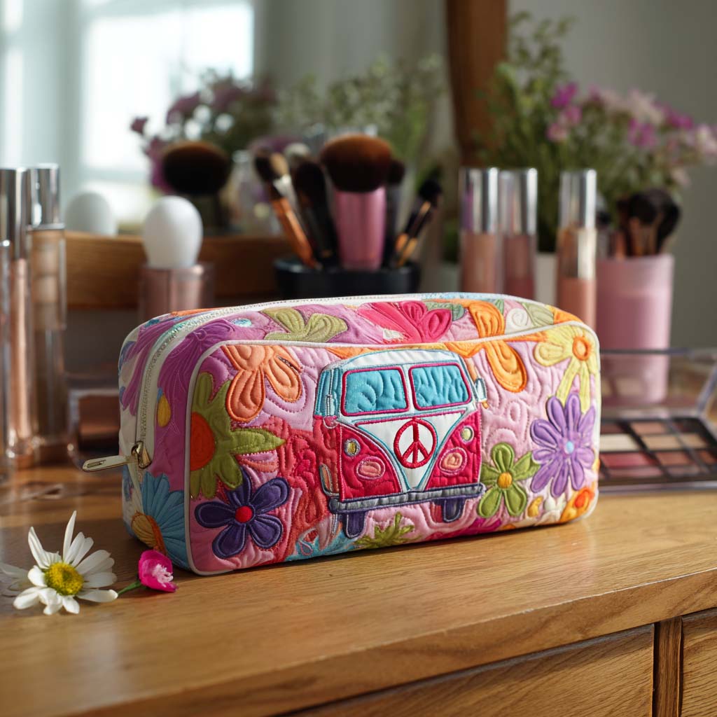 Quilted Makeup Bag with Retro Floral Pattern