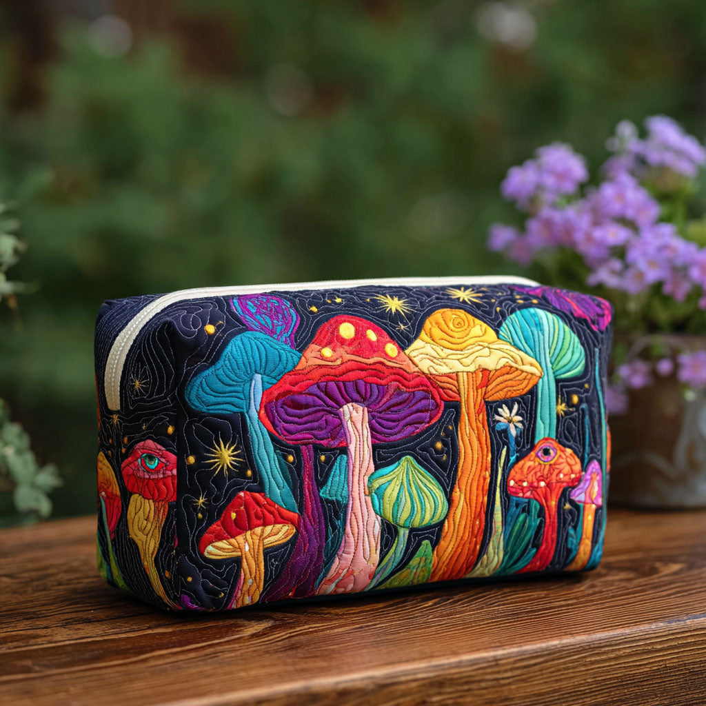 Quilted Makeup Bag with Retro Mushrooms