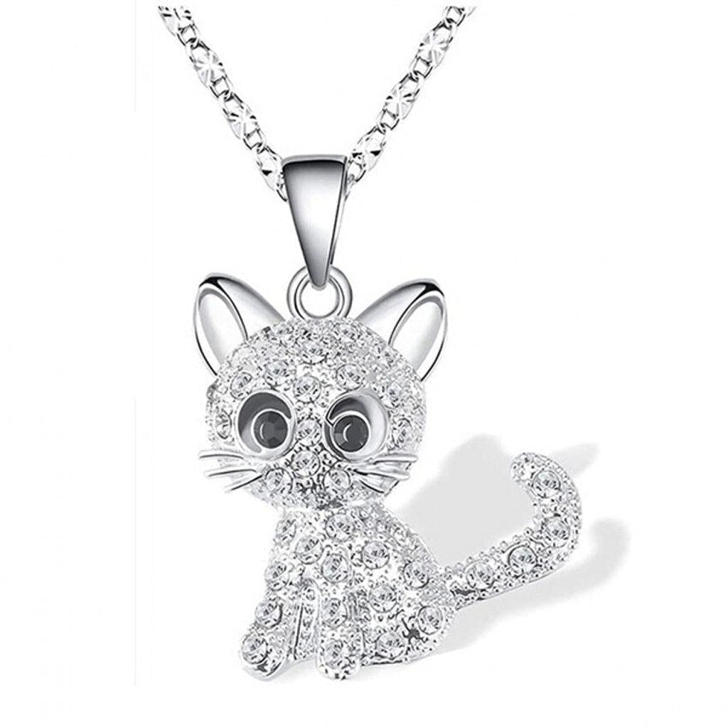 Necklace with Kitten and Colourful Zirconia in White Gold