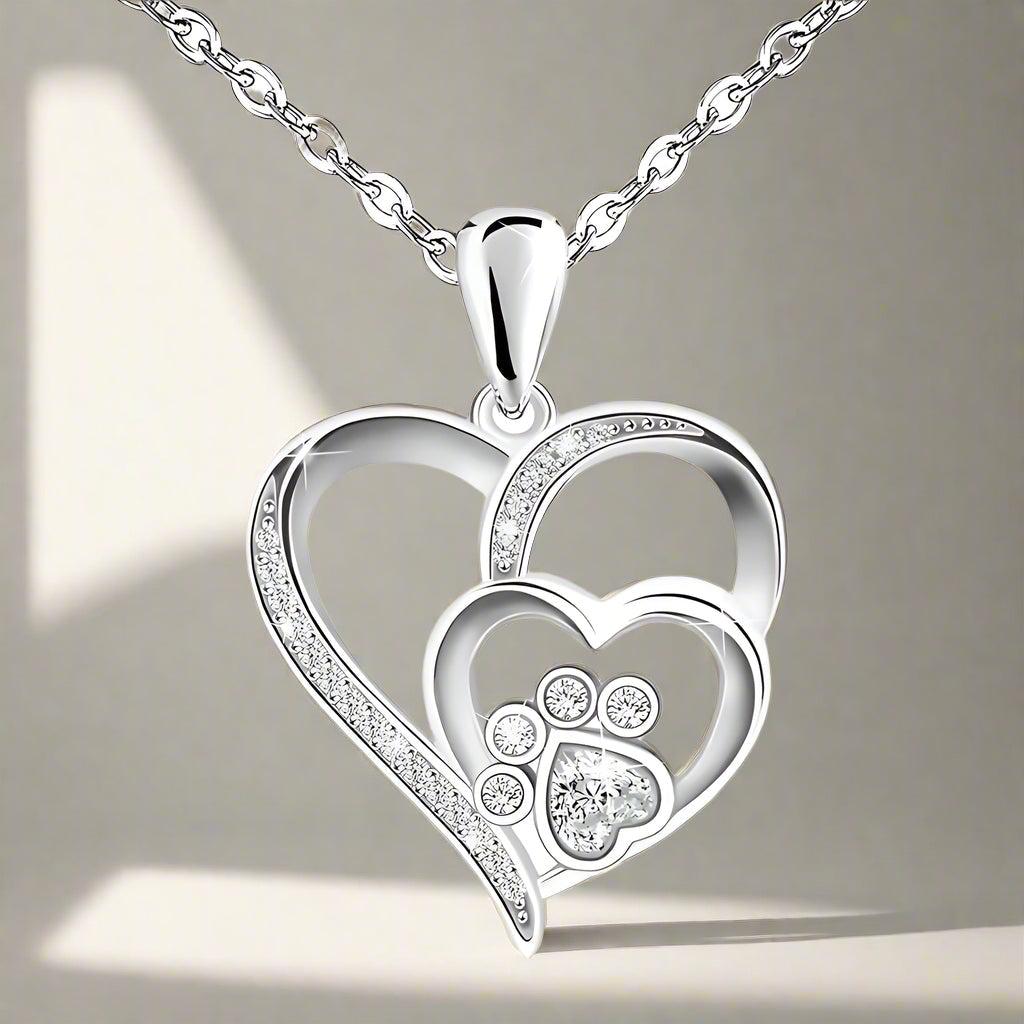 Necklace with Paw and Heart in White Gold