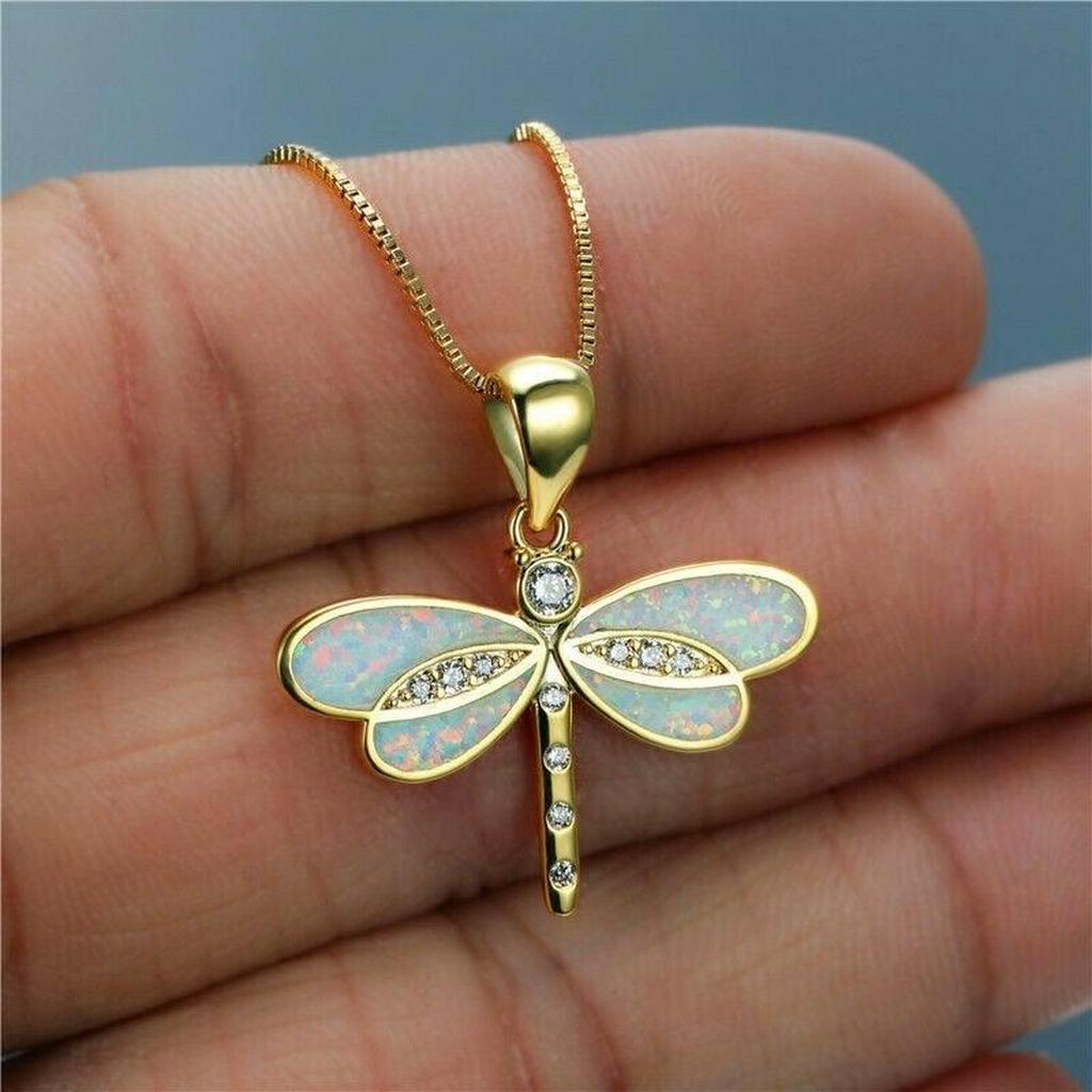 Necklace with Dragonfly in Gold with Opal