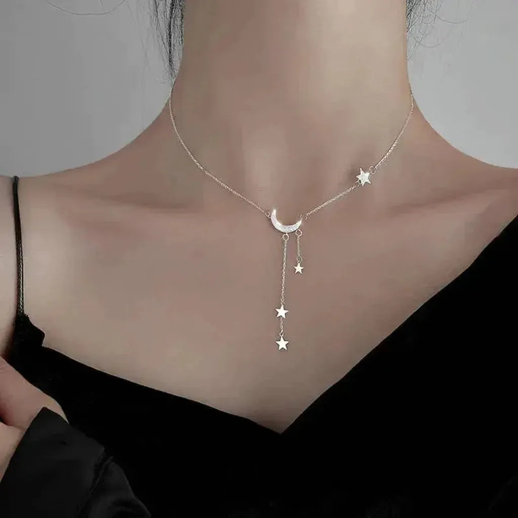 Necklace with Moon and Stars in White Gold