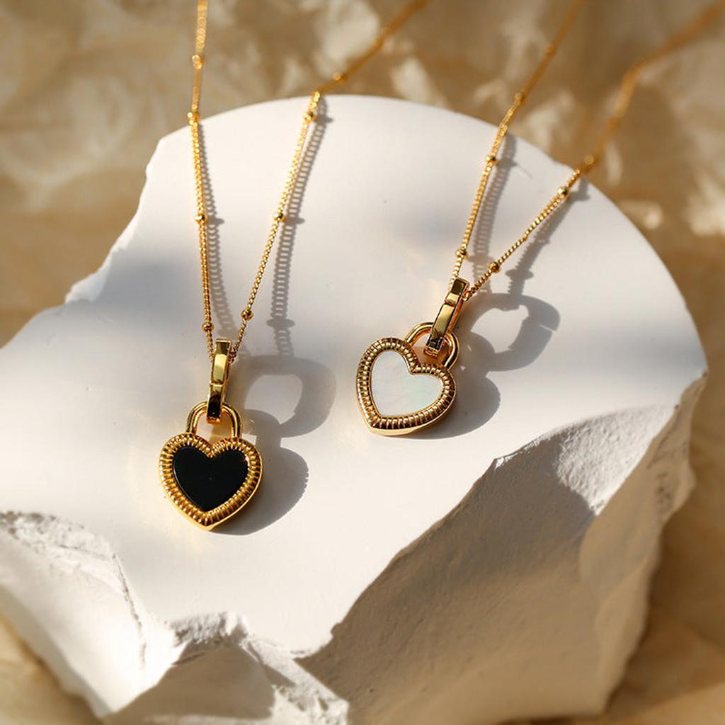 Necklace with Black White Heart Pendant in Gold