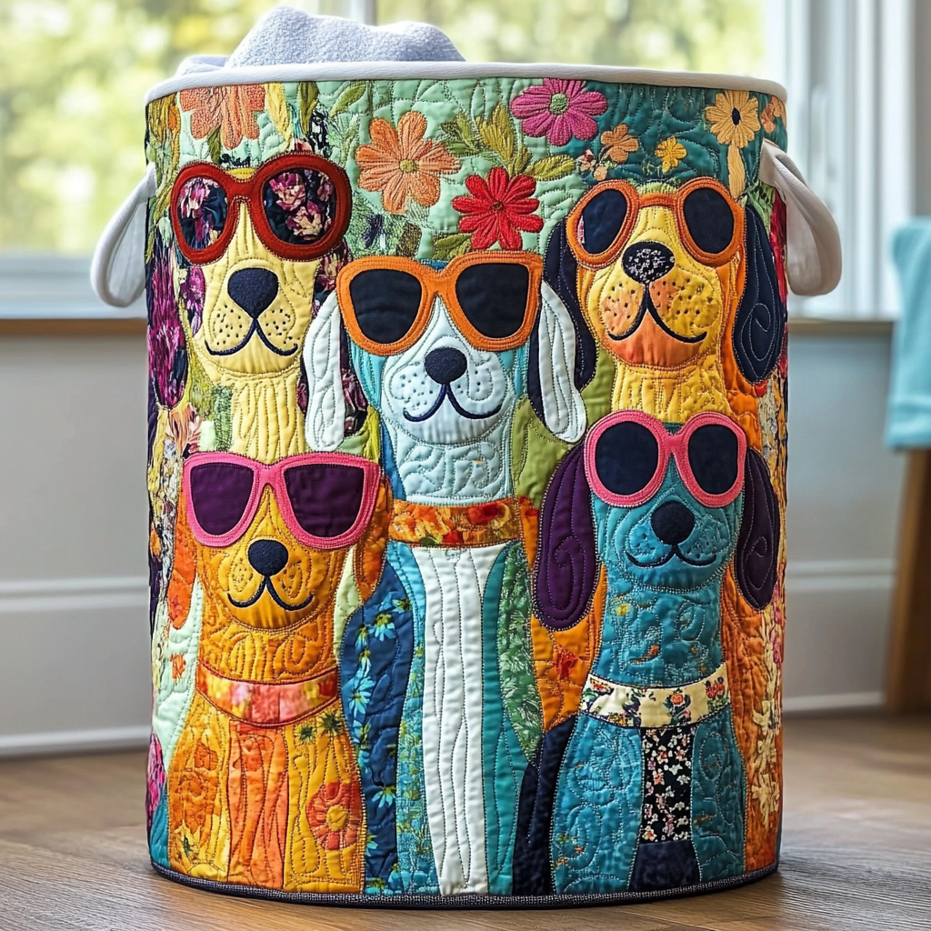 Quilted Laundry Basket with Happy Dogs