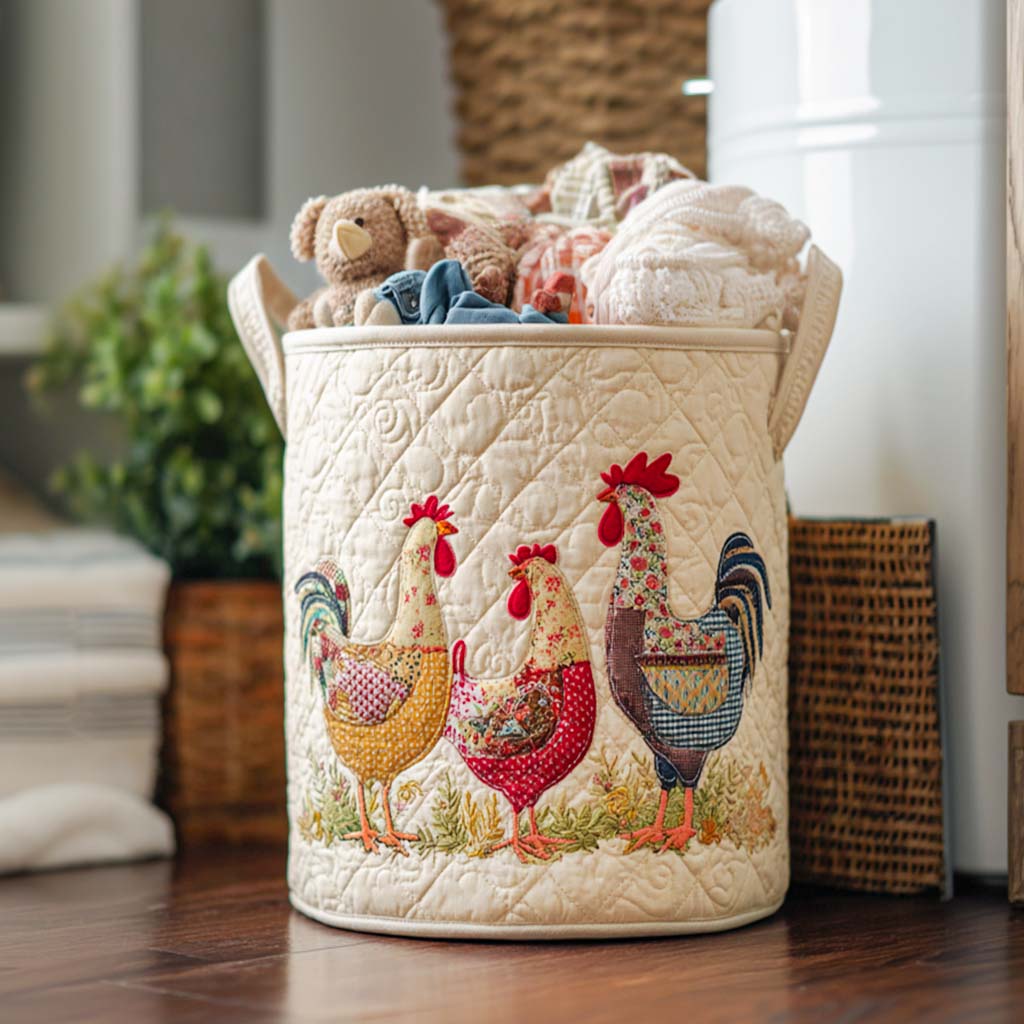 Quilted Laundry Basket with Country Chickens