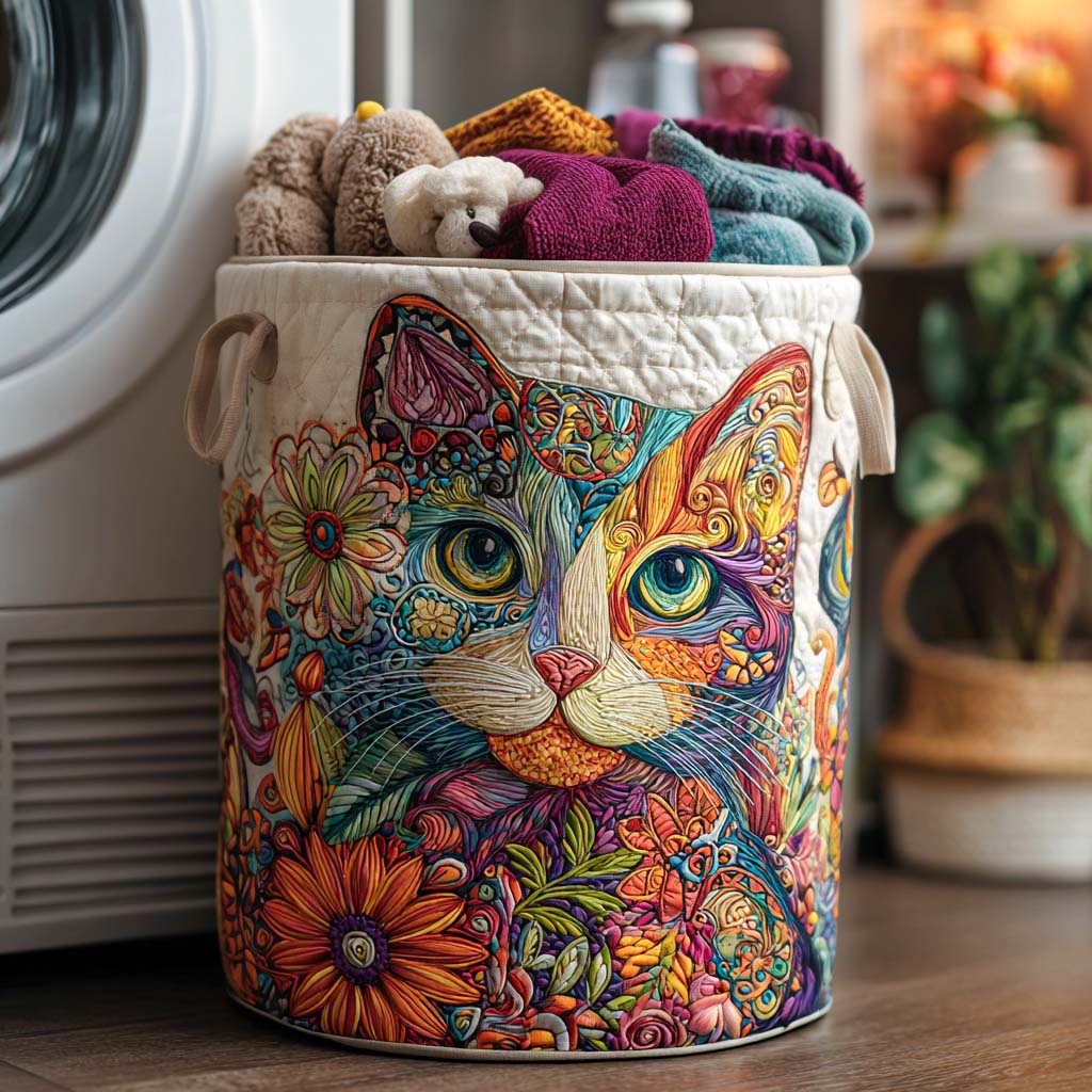 Quilted Laundry Basket with Cats