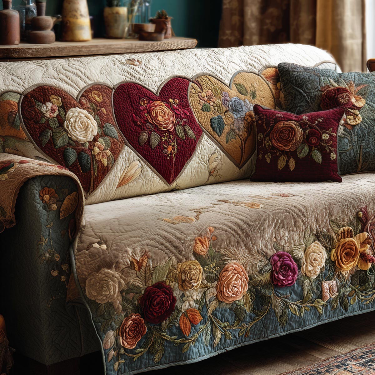 Quilted Sofa Cover with Garden and Heart
