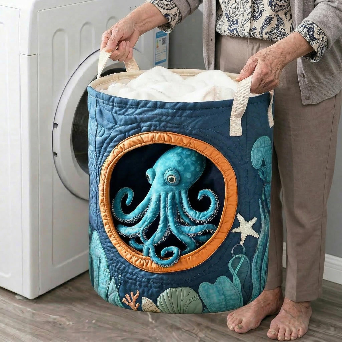 Quilted Laundry Basket with Octopus