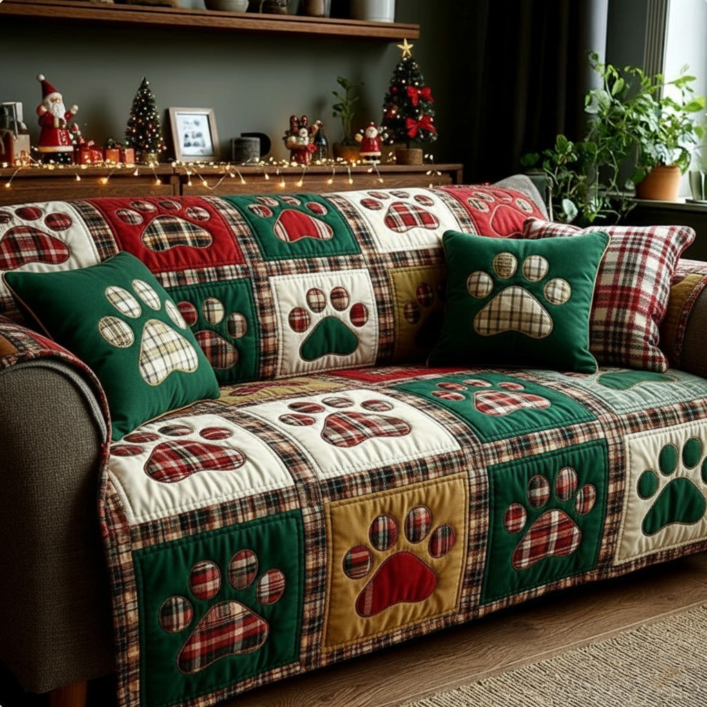 Quilted Sofa Cover with Paw Prints