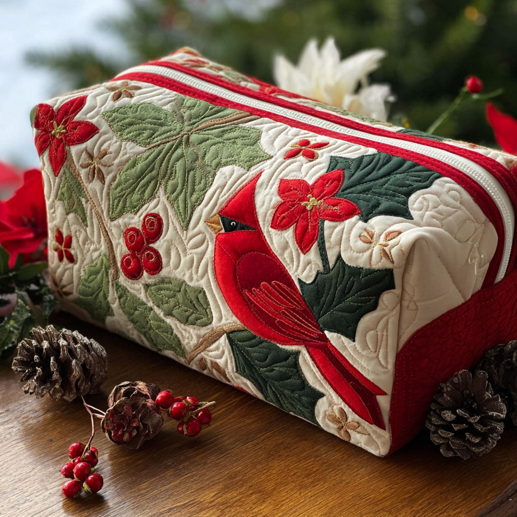Quilted Makeup Bag with Cardinal and Holly