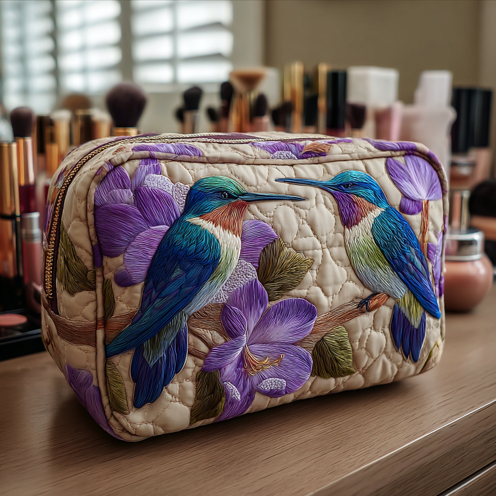 Quilted Makeup Bag with Delicate Hummingbird