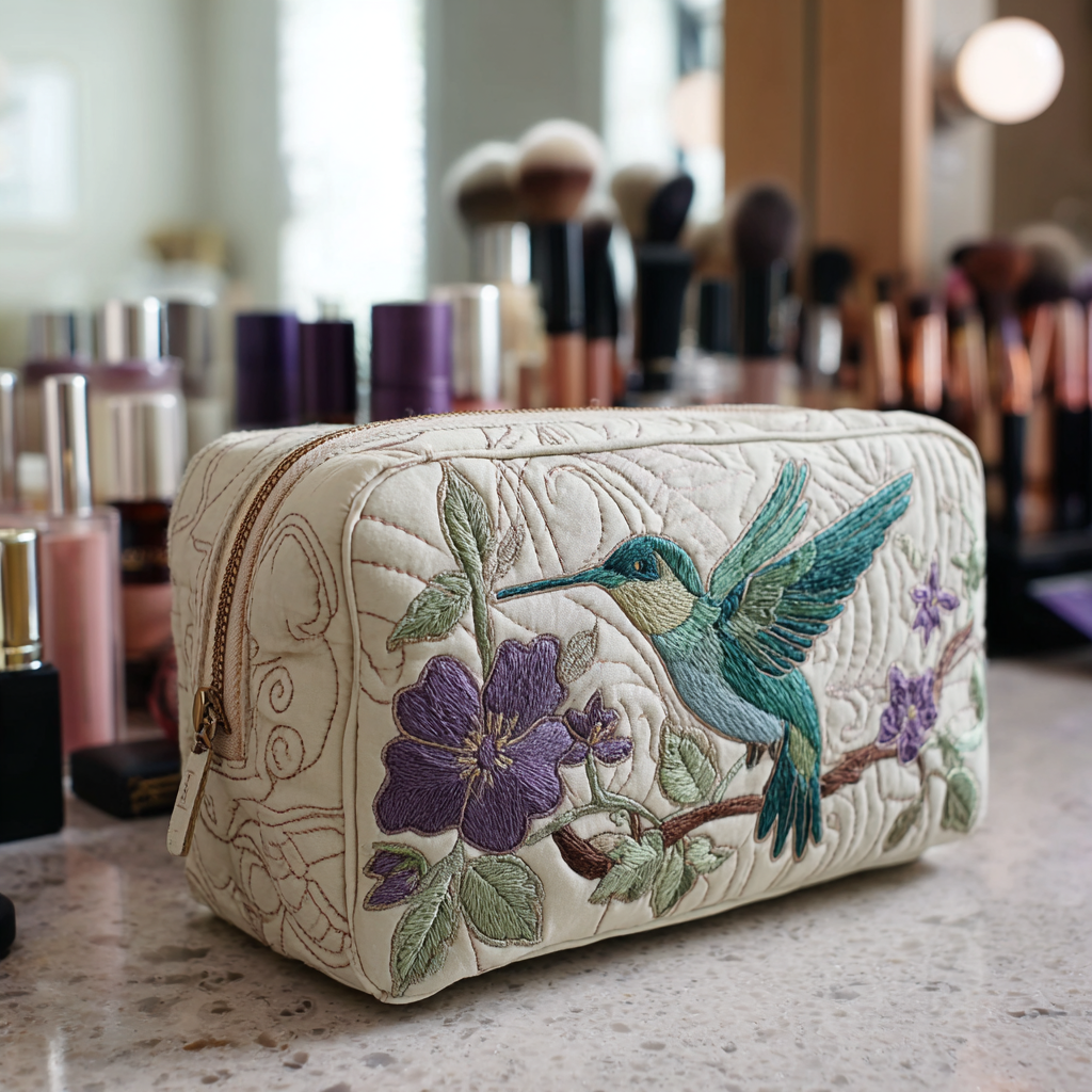 Quilted Makeup Bag with Hummingbirds and Flowers
