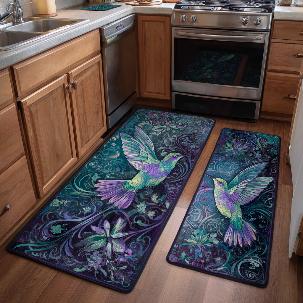 Non-Slip Kitchen Rug – Hummingbird and Garden Flowers
