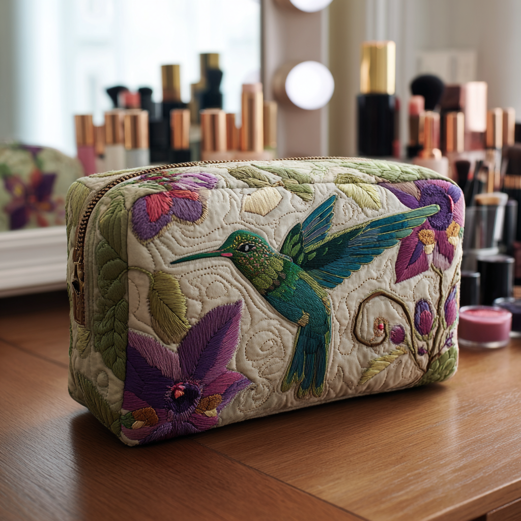 Quilted Makeup Bag with Hummingbird Garden