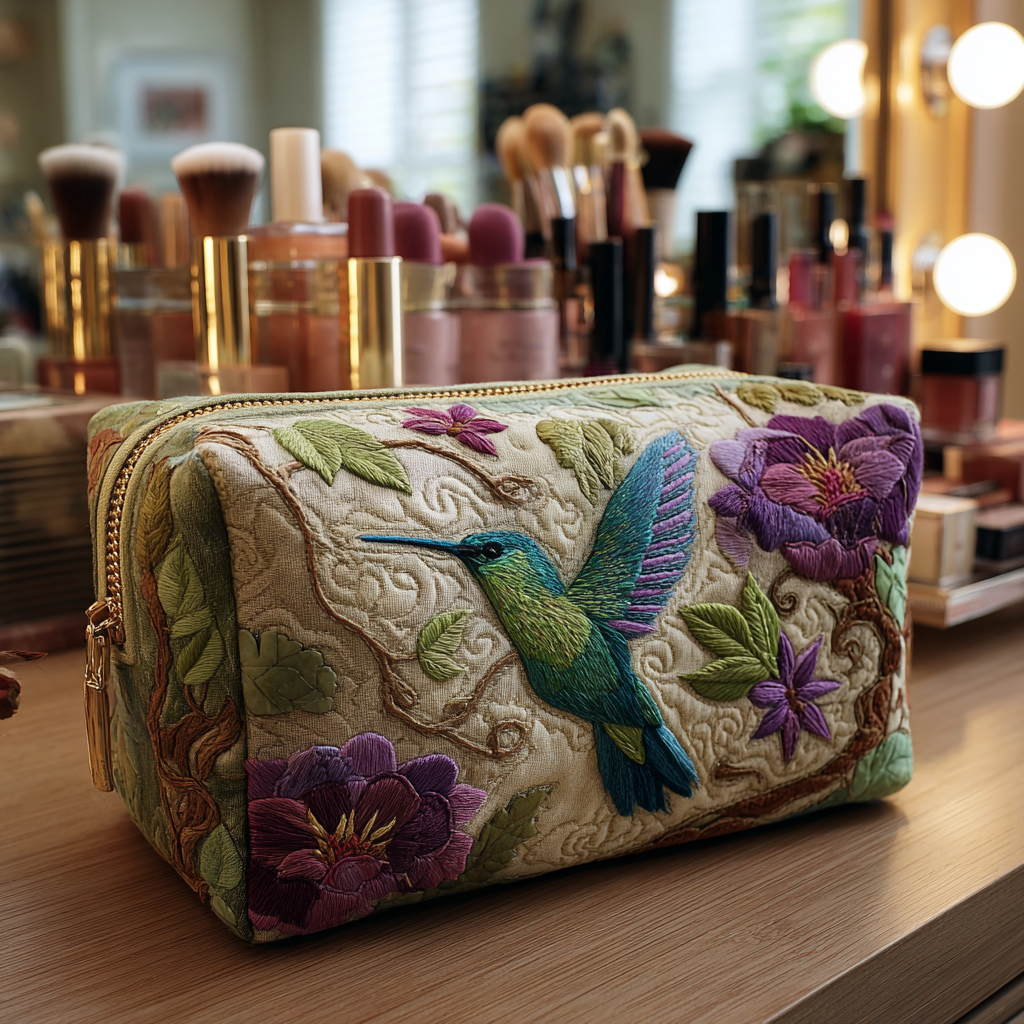 Quilted Makeup Bag with Glowing Hummingbird