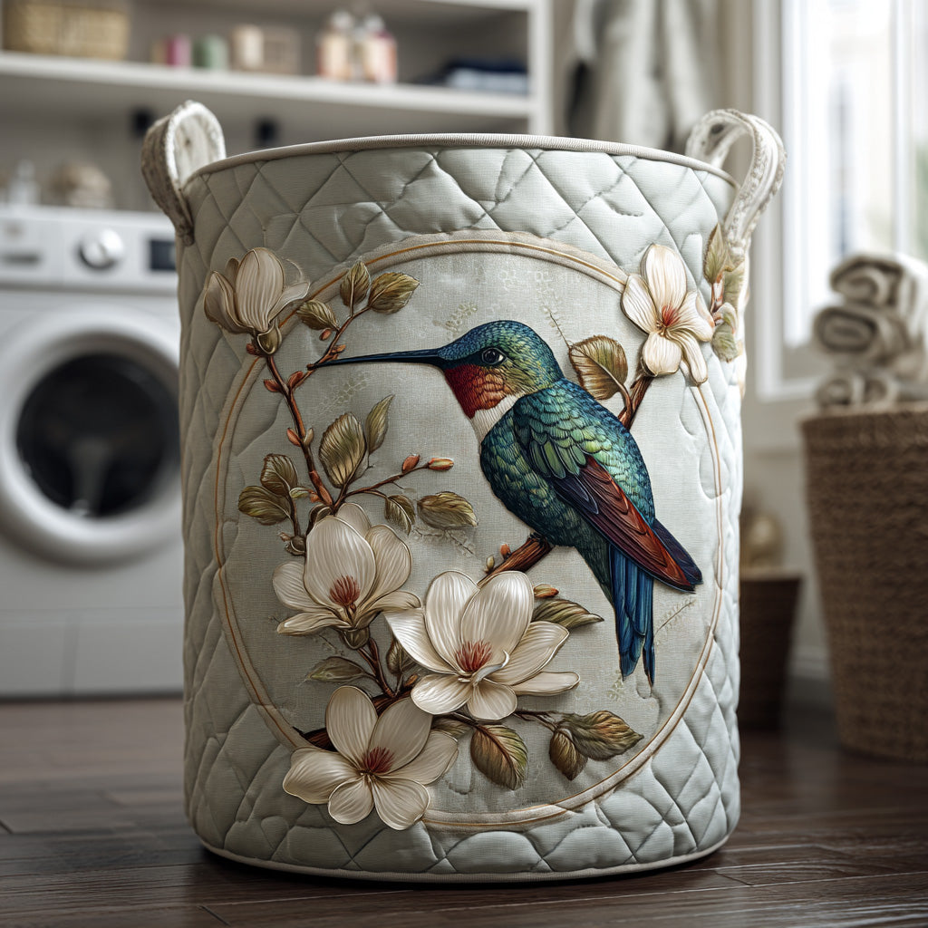 Quilted Laundry Basket with Hummingbird and Lace Details