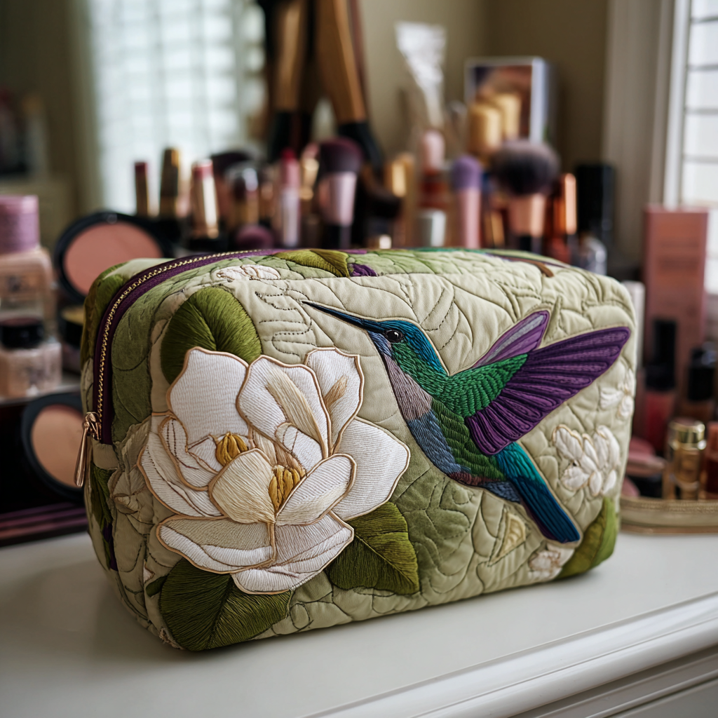 Quilted Makeup Bag with Hummingbirds in the Meadow