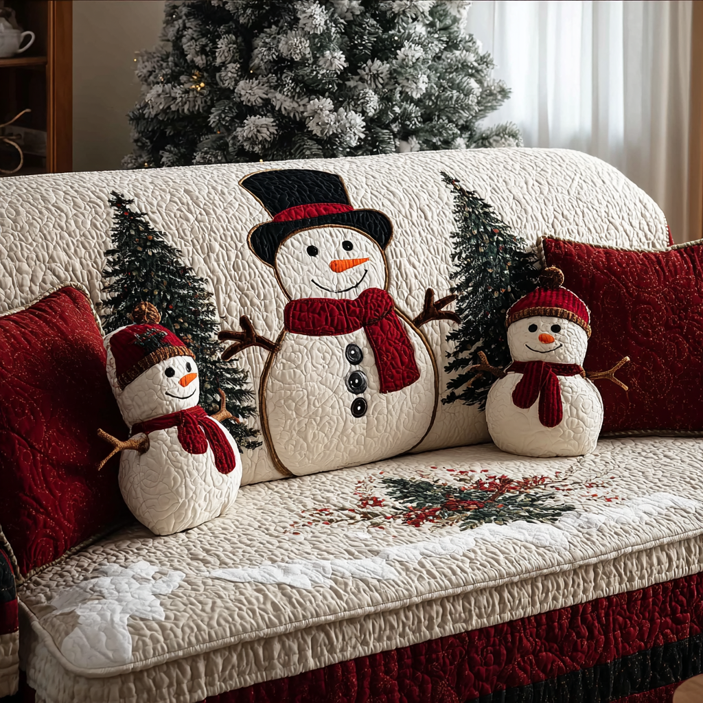 Quilted Sofa Cover with Smiling Snowman