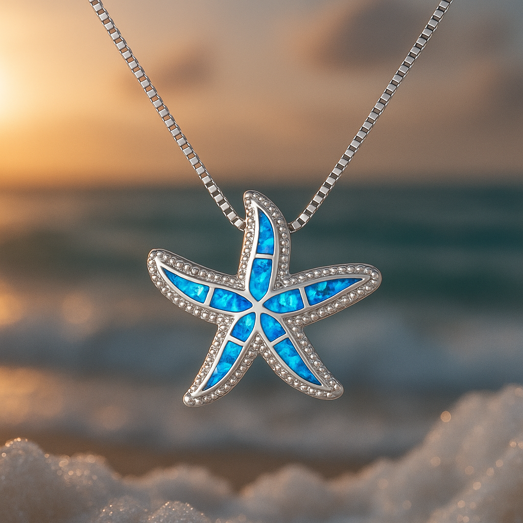 Necklace with Starfish and Opal in White Gold