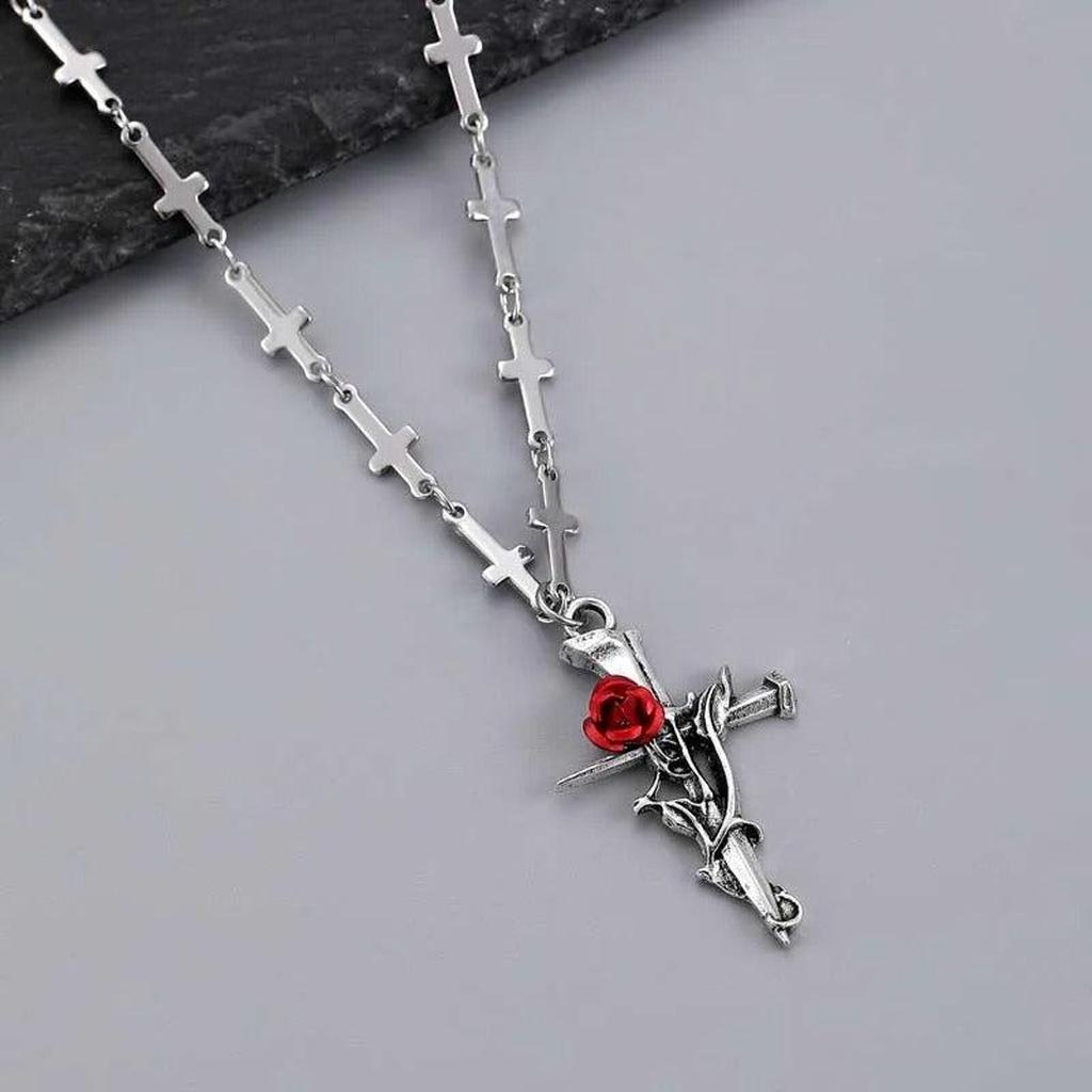 Cross Pendant in White Gold with Red Roses