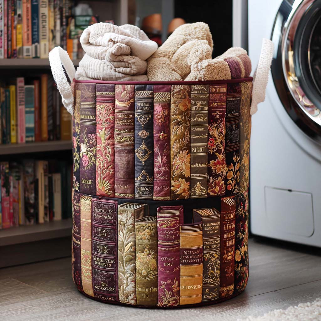 Quilted Laundry Basket with Literary Pattern