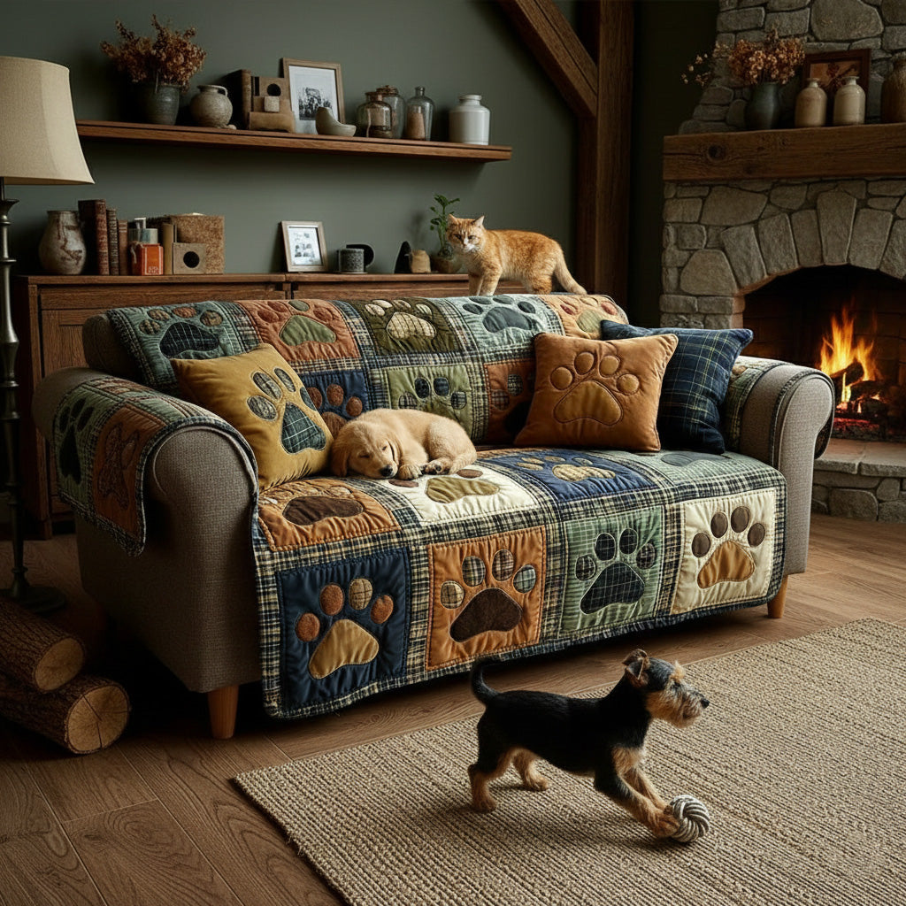 Quilted Sofa Cover with Paw and Heart