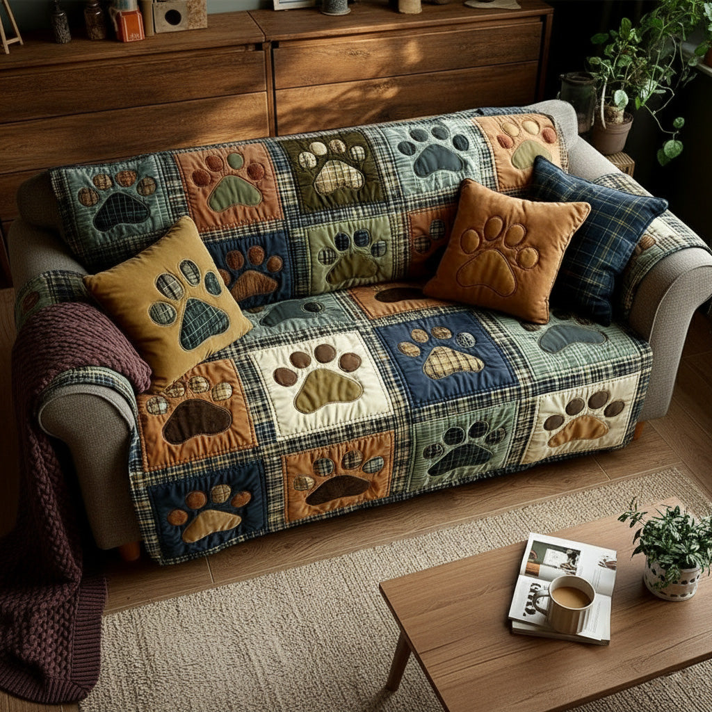 Quilted Sofa Cover with Paw and Heart