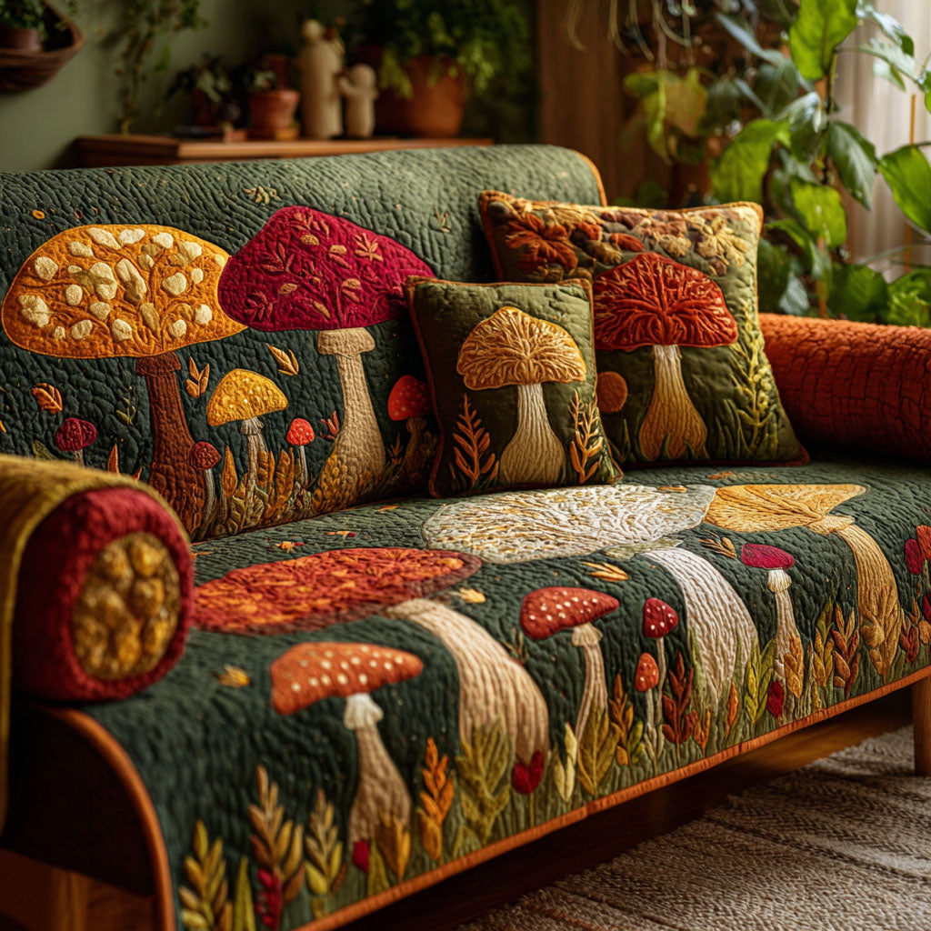 Quilted Sofa Cover – with Forest Mushrooms