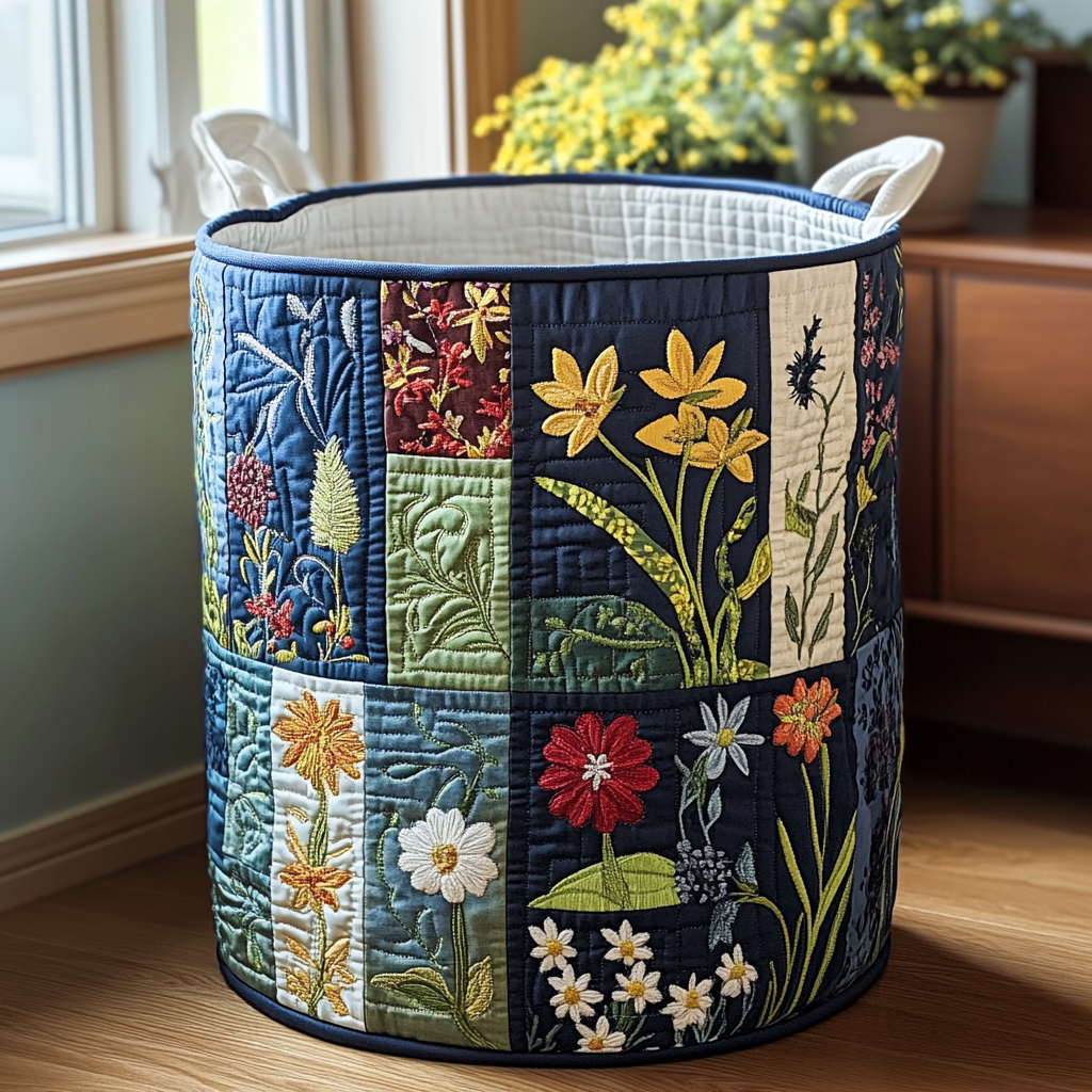 Quilted Laundry Basket with Floral Pattern