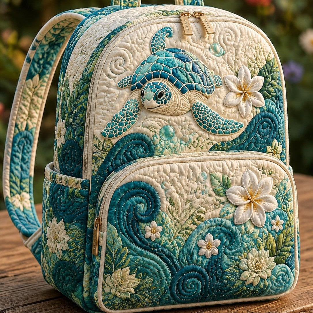 Quilted Backpack – Sea Turtle and Frangipani