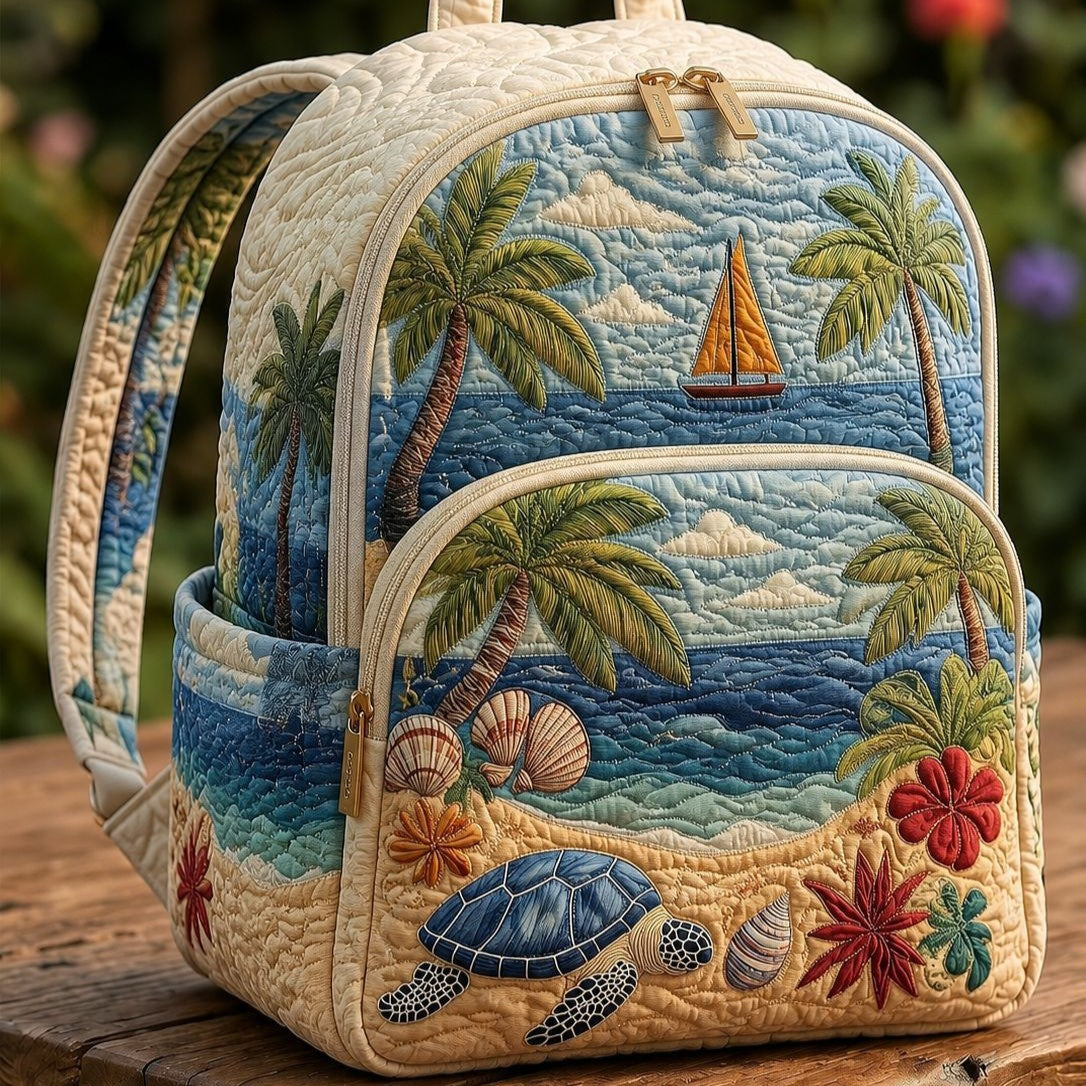 Quilted Backpack – Sea Turtle on a Tropical Beach