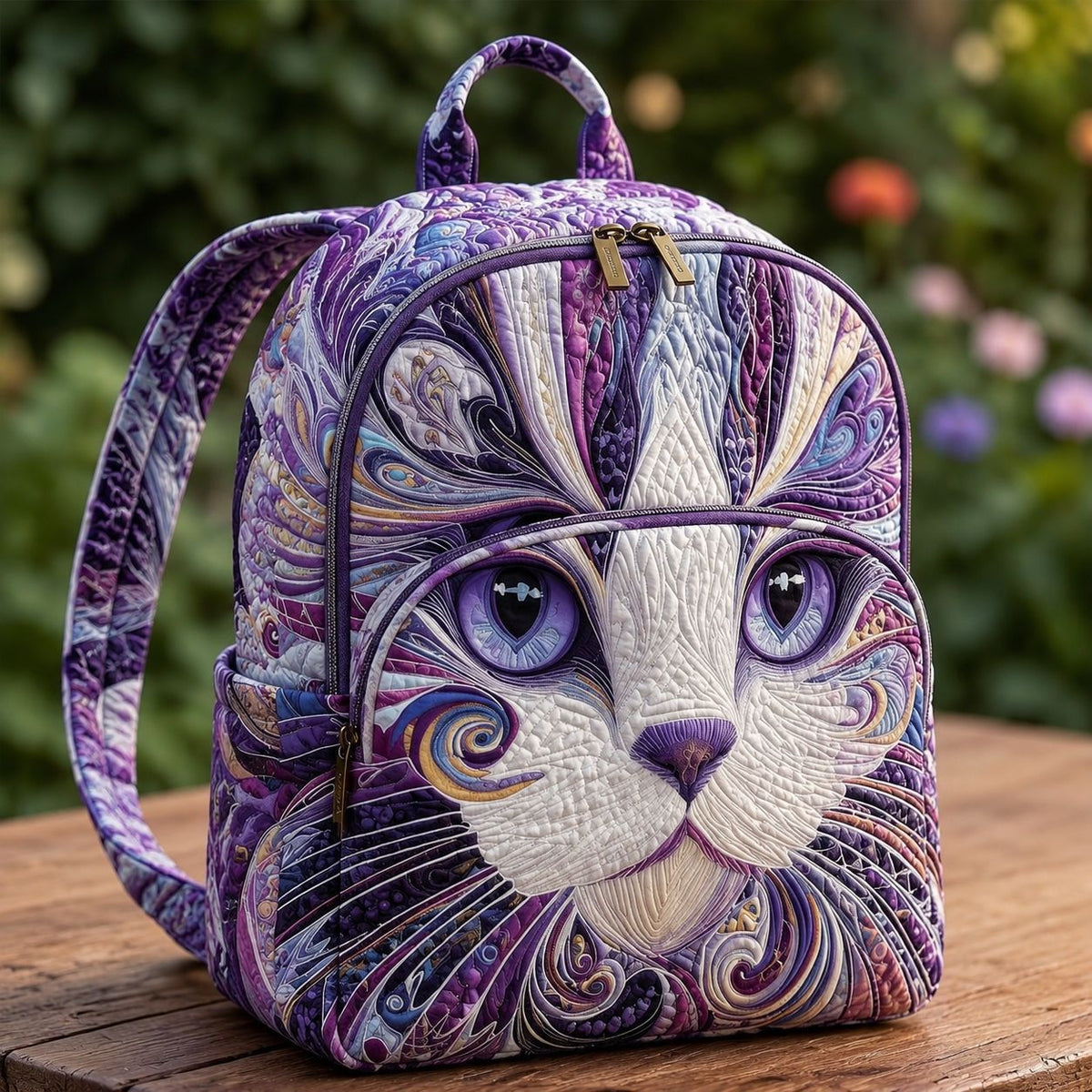 Quilted Backpack – Artistic Cat Design in Purple