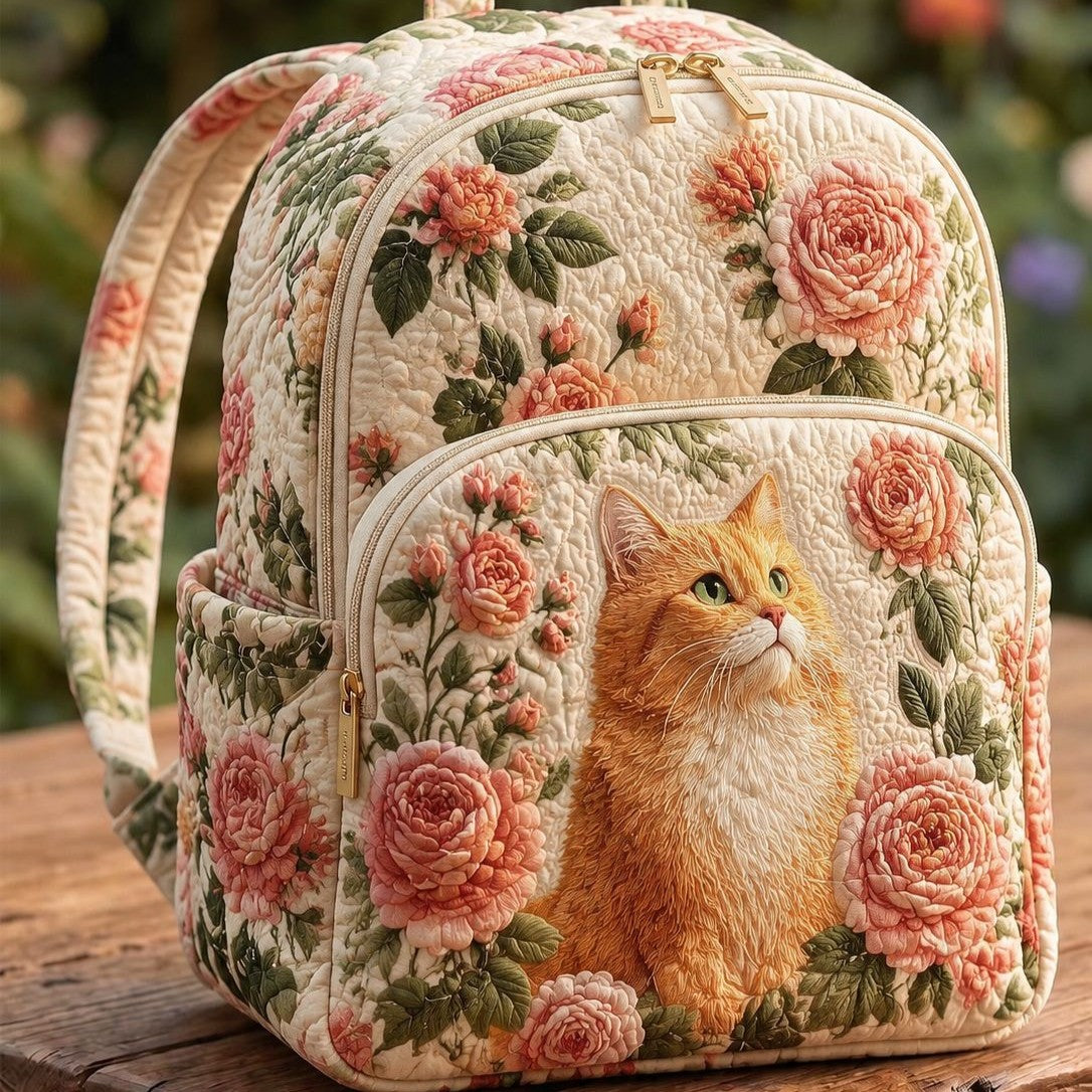 Quilted Backpack – Red Cat and Roses