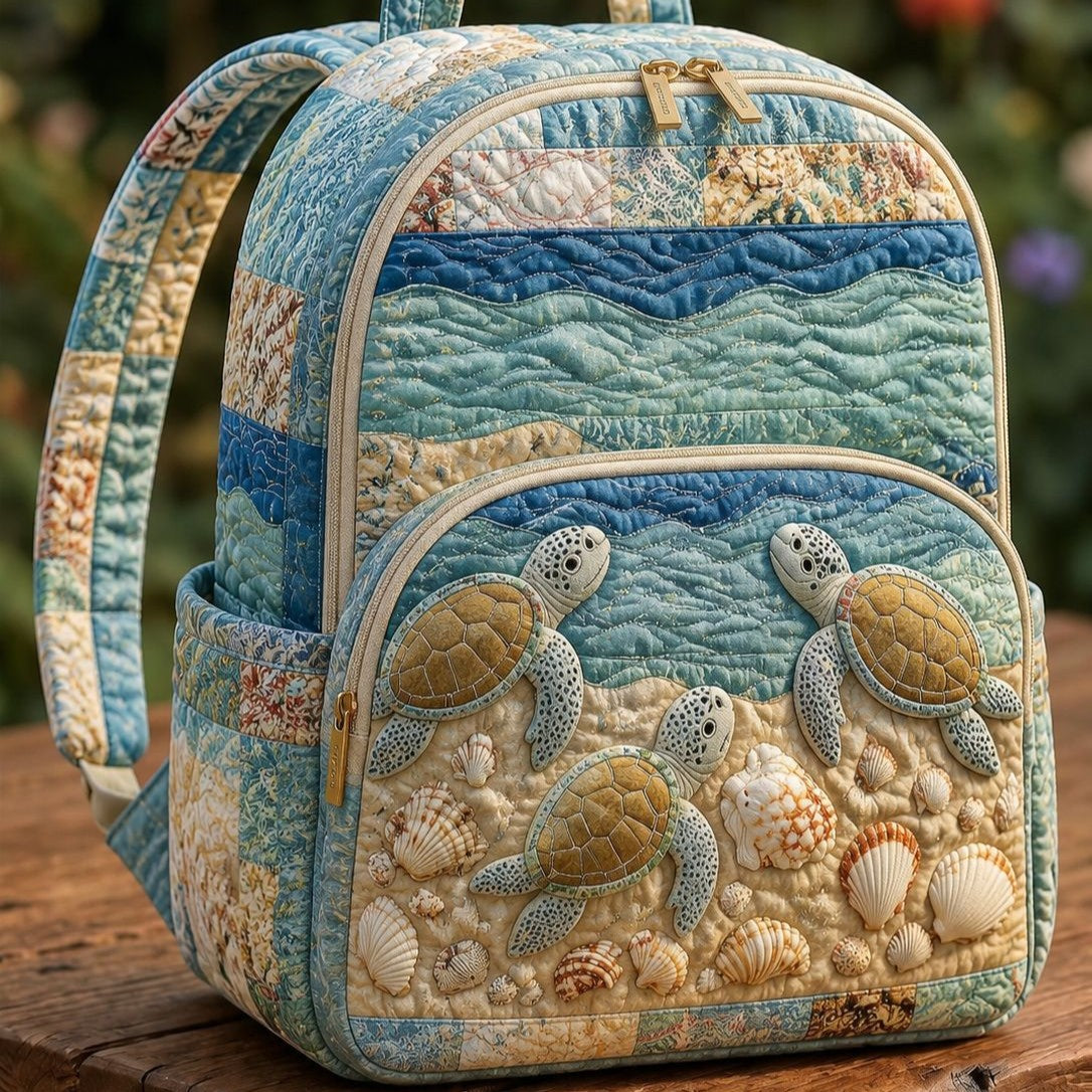 Quilted Backpack – Sea Turtles and Shells