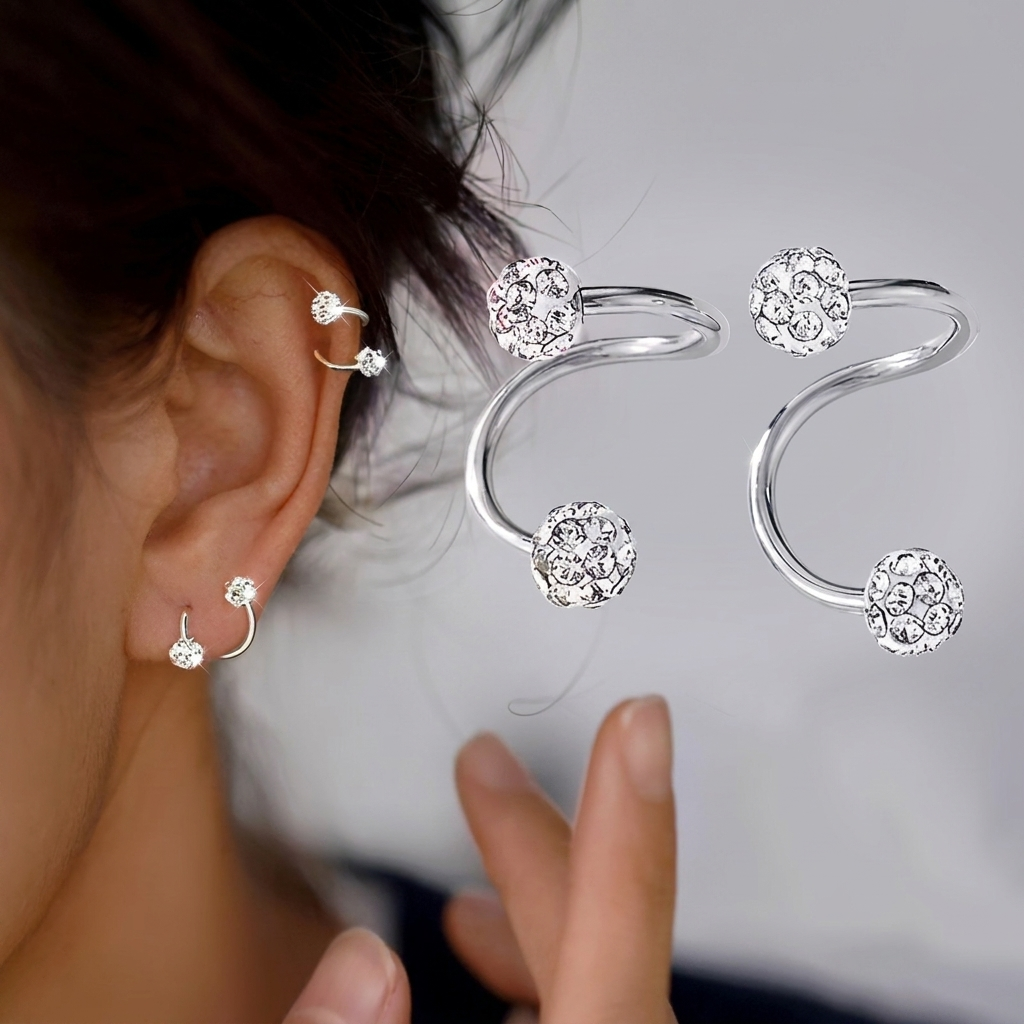 Stud Earrings Set with Spiral Balls and Zirconia