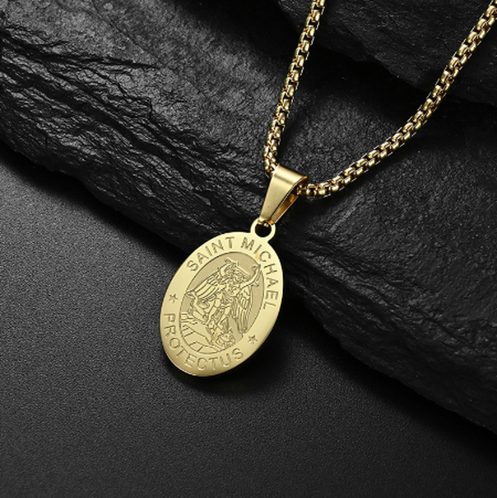 Oval Necklace with Angel Portrait in Stainless Steel