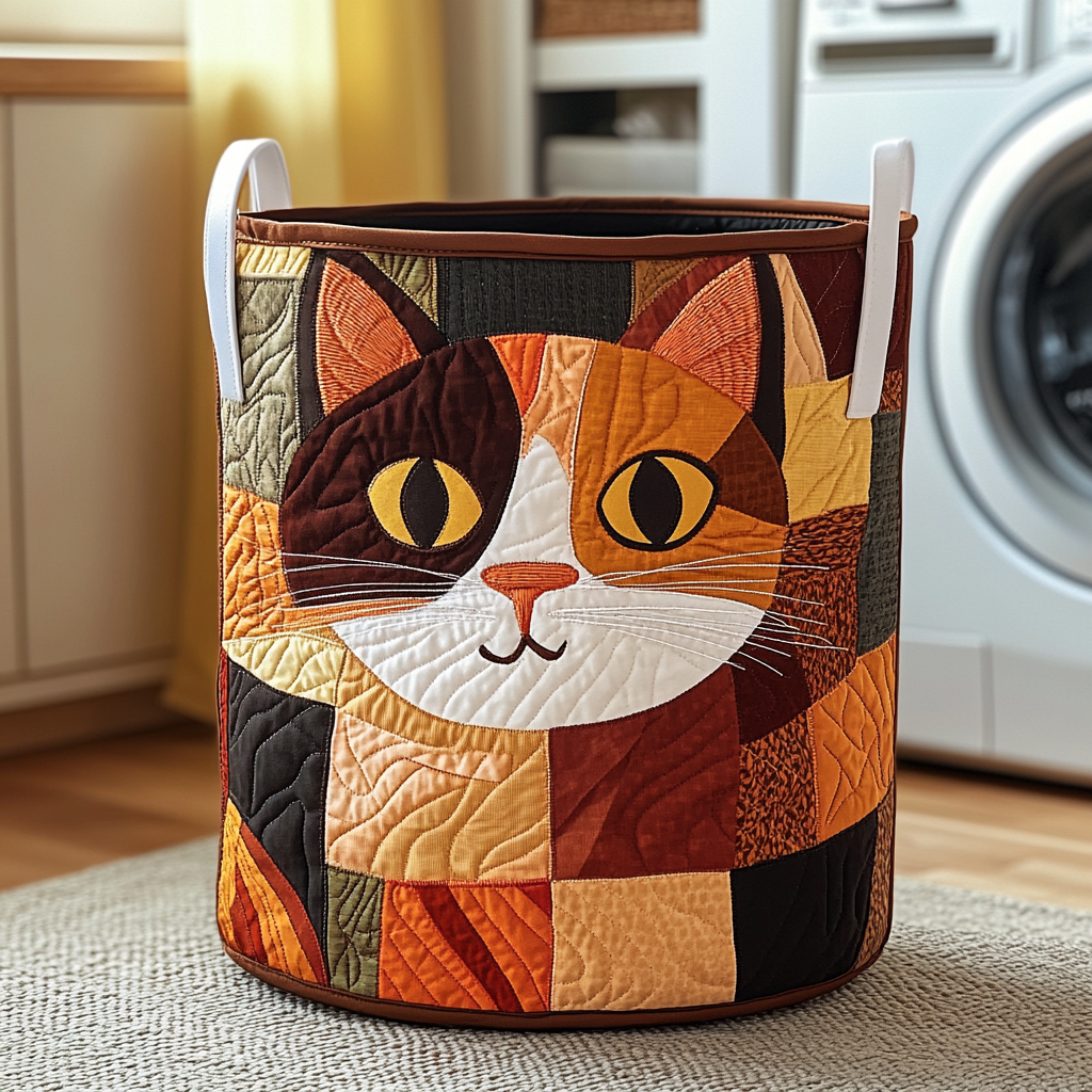 Quilted Laundry Basket with Tabby Cat